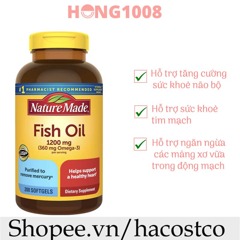 Tem phồng - Viên uống Dầu Cá Nature Made Fish Oil 1200mg 360mg Omega 3 200 viên