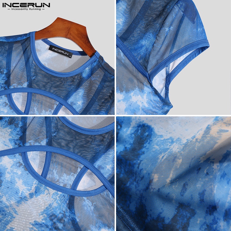 INCERUN Áo Thun Tay Ngắn Dáng Ôm Màu Xanh Xuyên Thấu Thời Trang Cho Nam