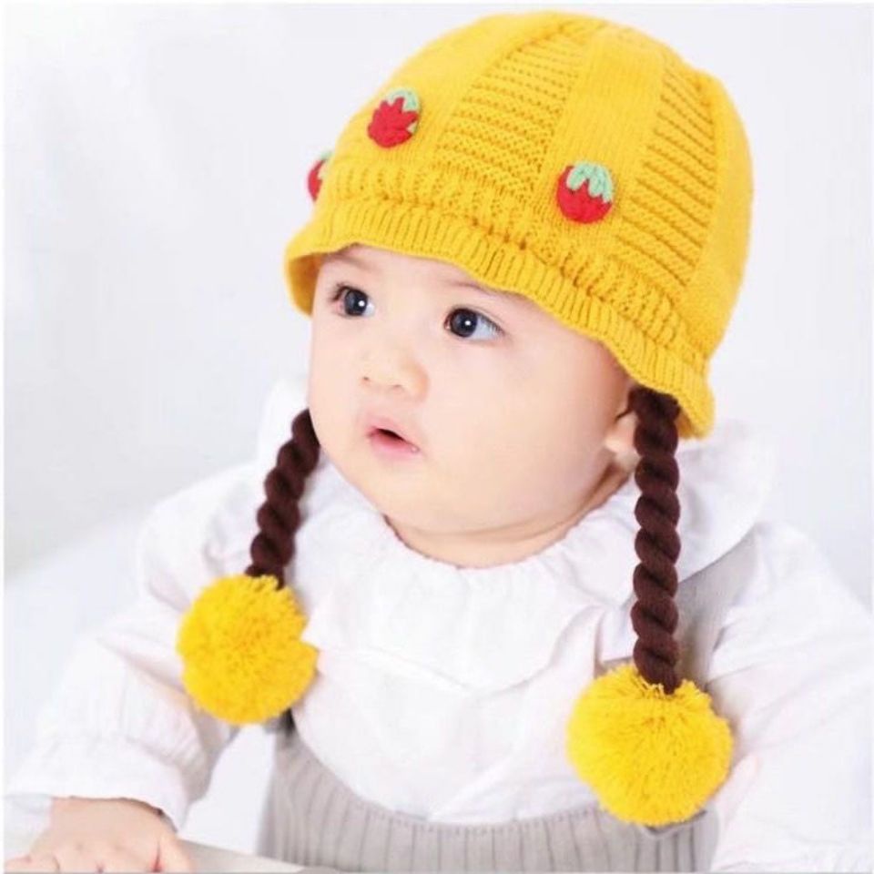 Mũ Len Bảo Vệ Tai Đính Tóc Giả Thắt Bím Cho Bé Gái