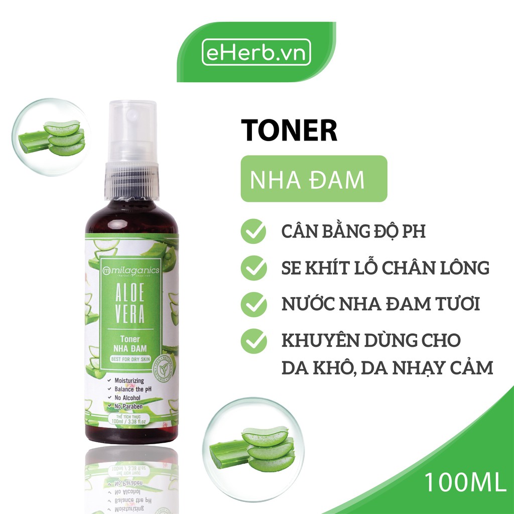 Nước Hoa Hồng Toner Nha Đam Dưỡng Ẩm Dịu Nhẹ, Se Khít Lỗ Chân Lông Từ Nha Đam Tươi MILAGANICS 100ml