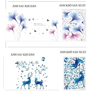 Decal dán tường hươu và hoa xanh