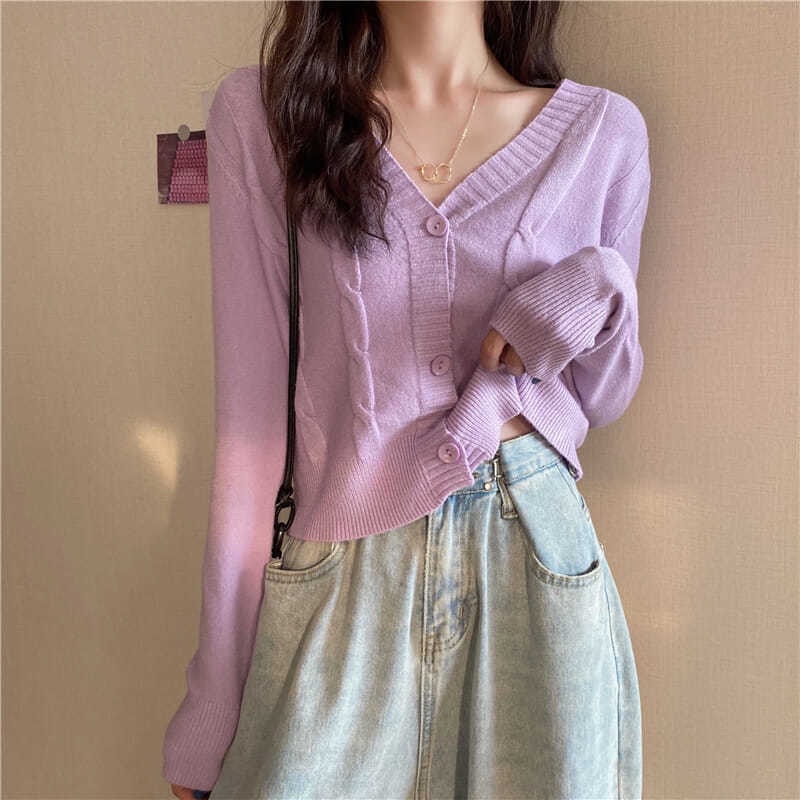 Áo Khoác Cardigan Dệt Kim Cổ Tim Xinh Xắn Cho Nữ Chất Len Tăm Phong Cách Ulzzang Hàn Quốc Nhiều Màu