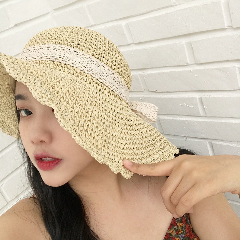 Nón rộng vành phối ren lưới thiết kế thanh lịch cho phái nữ
