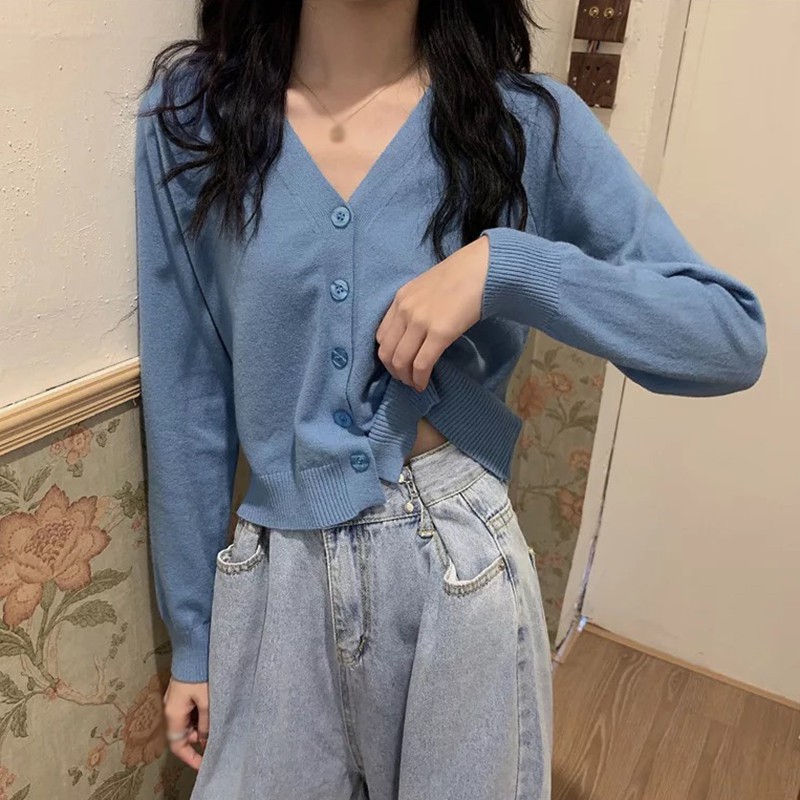 Áo Khoác Cardigan Dệt Kim Cổ Tim Xinh Xắn Cho Nữ