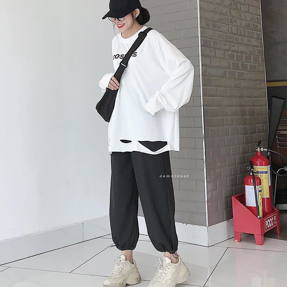 SQ009 - Bộ áo thun dài tay rách Cosmos form rộng và quần Jorgger đen gấu bo unisex, bộ áo phông trắng oversize quần dài