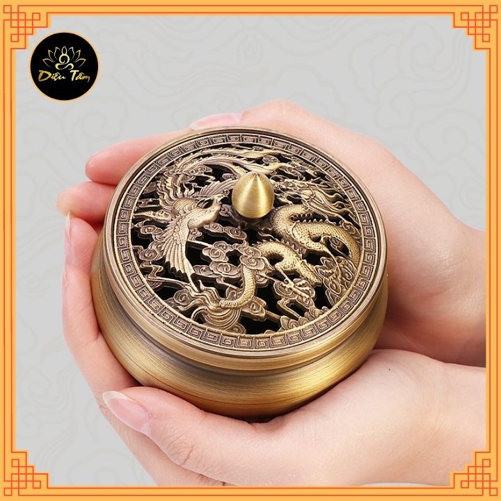 Lư xông trầm hương bộ lư đồng + đế đôn kê lư đồng hình rồng phượng