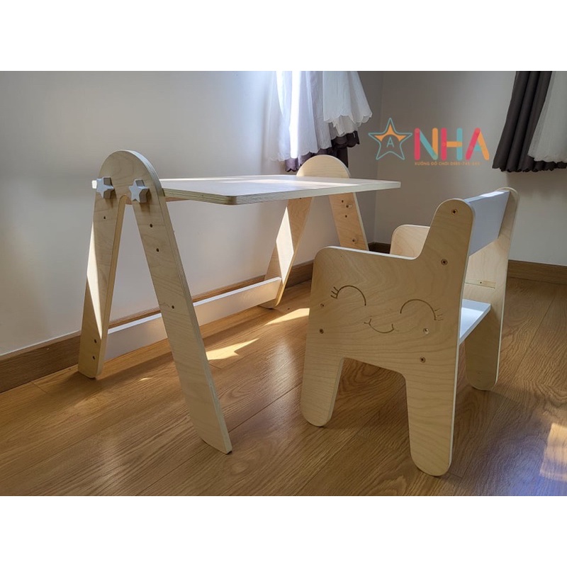 Bàn ghế montessori, bộ bàn ghế gỗ cho trẻ em 2 nấc chiều cao có thể xoay thành bảng từ tính, bảng vẽ cho bé