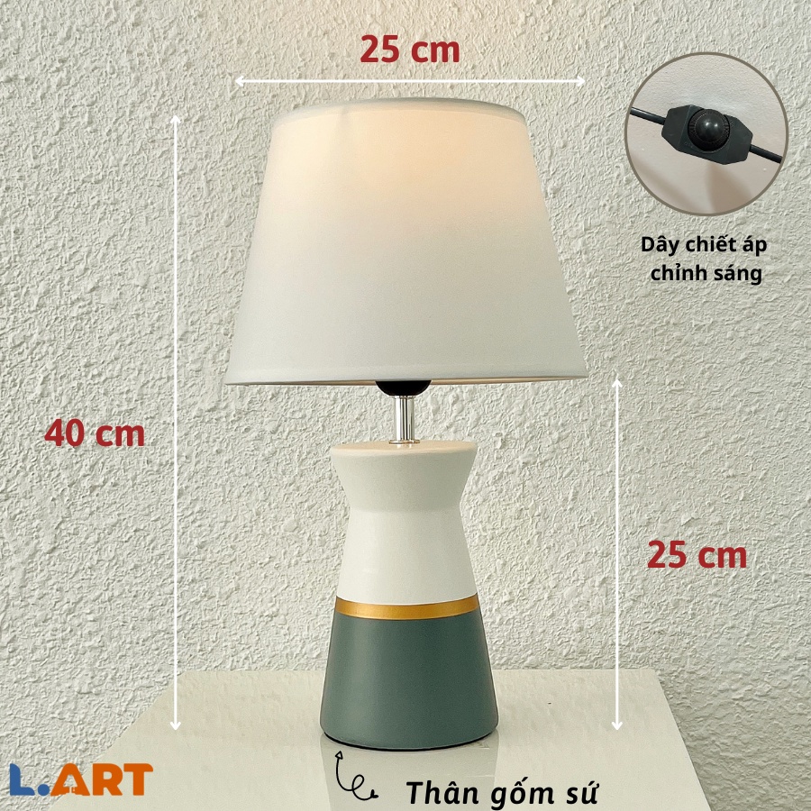 Đèn ngủ để bàn LART 9859G thân trắng xám xanh viền vàng trẻ trung phù hợp phòng ngủ dưới 20m2 với dây chỉnh sáng tiện