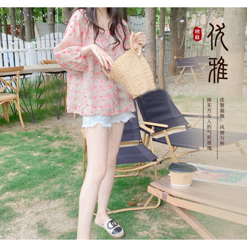 Áo Sơ Mi Vải Lanh Cotton Cao Cấp Dáng Rộng Cổ Chữ V Tay 3 / 4 In Họa Tiết Hoa Phong Cách Hàn Quốc Cho Nữ