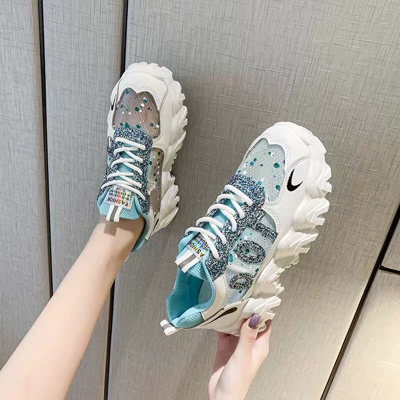 FREE SHIP Giày thể thao nữ , giày sneaker nữ độn đế 5cm nhũ lấp lánh phối lưới đế sóng hàng cao cấp cực đẹp và êm chân