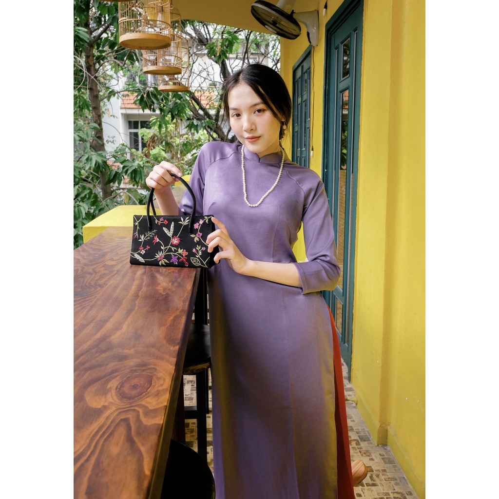 Set Áo Dài Rosemary Lụa Tây tThi Tím Đậm