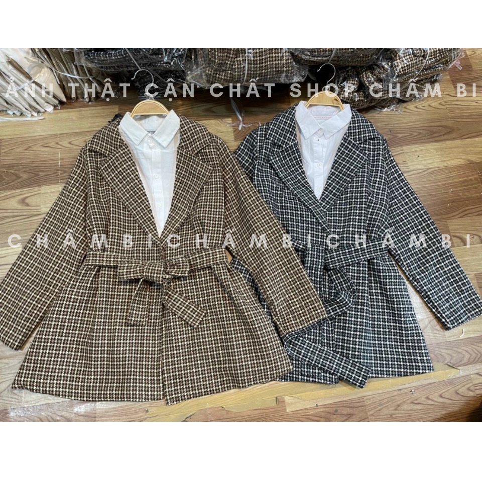 Áo khoác kiểu nữ A.274, Áo khoác dạ kẻ caro cổ vest 2 màu thắt đai eo tiểu thư