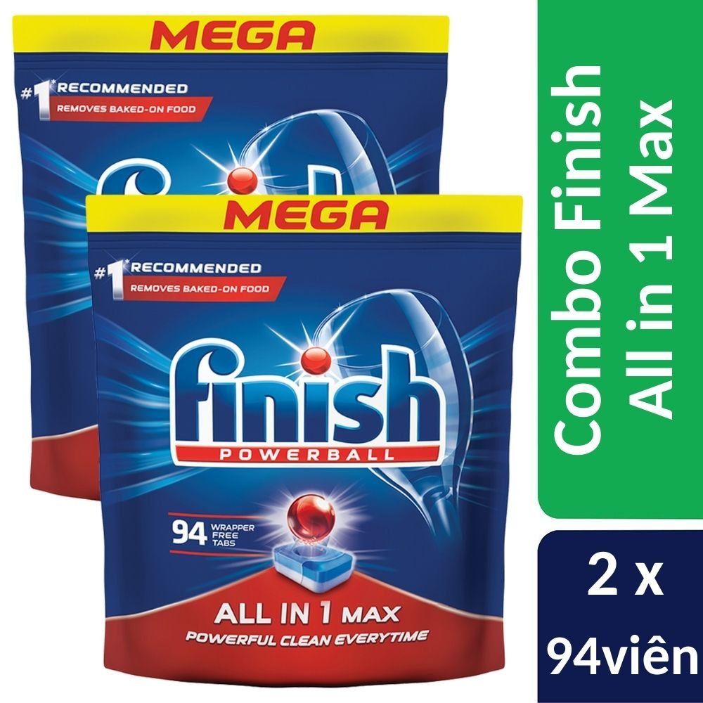 Combo 2 Túi 94 viên rửa bát Finish All in 1 max Dishwasher Tablets, muối tích hợp bảo vệ bộ lọc khỏi cặn vôi (2x94viên)