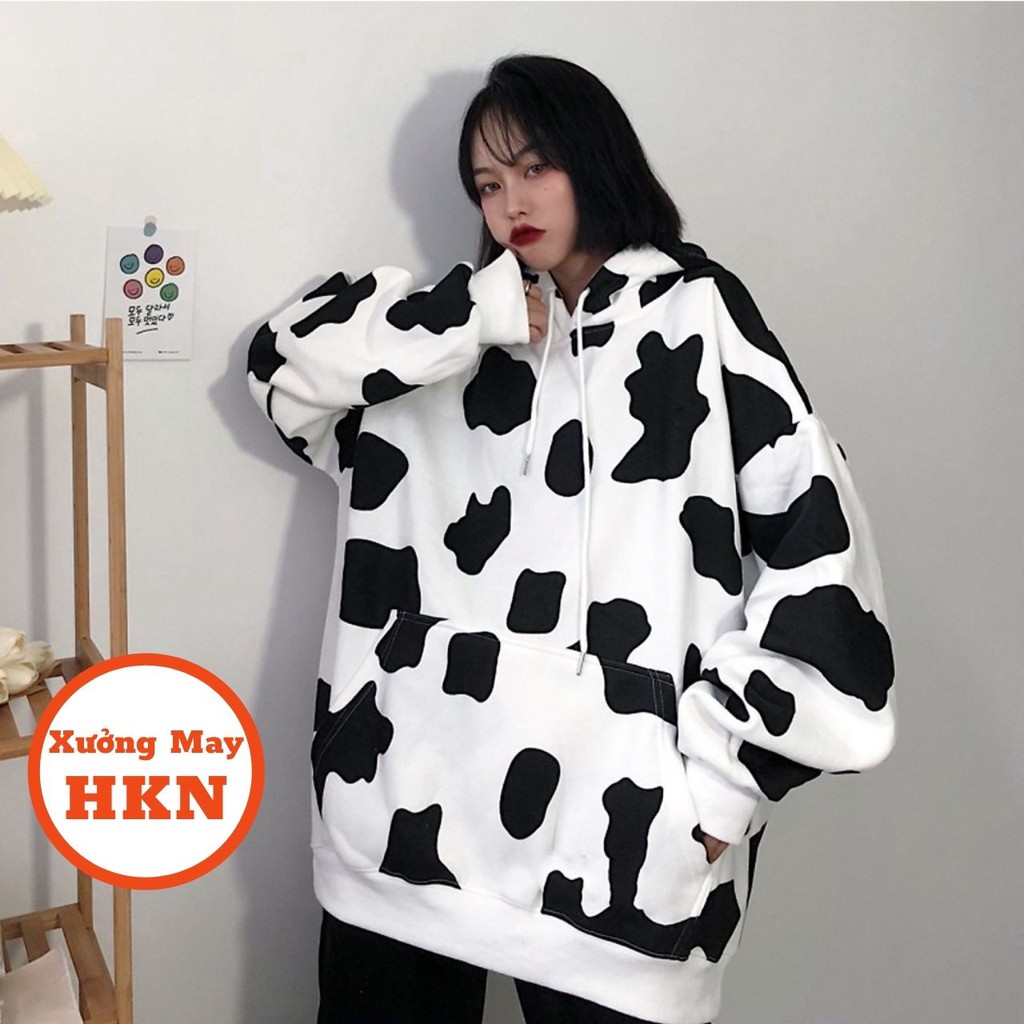 Áo Hoodie Nữ Có Mũ Họa Tiết Bò Sữa Chất Nỉ Mã 015 Xưởng May HKN