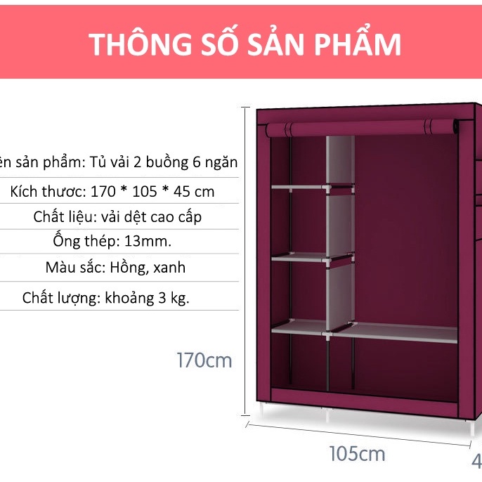 Tủ vải đựng quần áo 3D 3 buồng 8 ngăn Khung Thép bảo hành 12 tháng