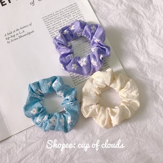 Buộc tóc scrunchies hoa vải đũi nhăn nhẹ