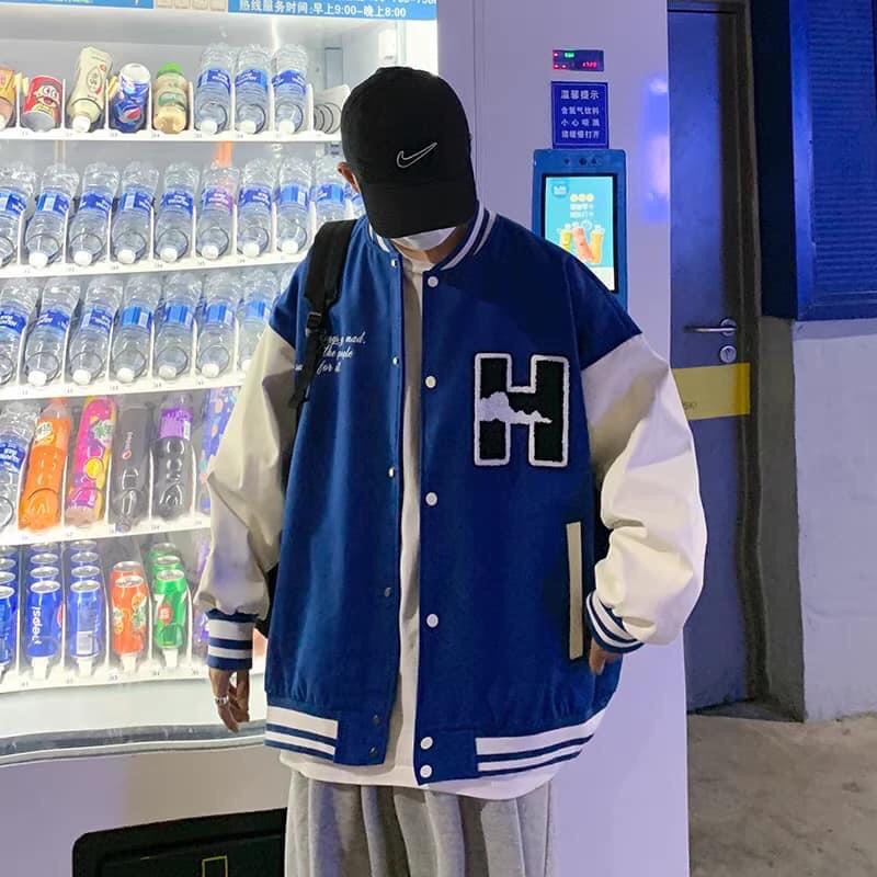 Áo Bomber chữ H form rộng tay bồng dày dặn  Áo khoác xanh cúc bấm phong cách Hàn Quốc 22020