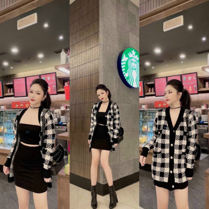 Áo Cardigan Nữ Ms.2041, Áo Dáng Dài Dấu Quần, Họa Tiết Caro, Chất Len Dạ Đanh Mịn, Phối Cúc Đồng Sang Chảnh