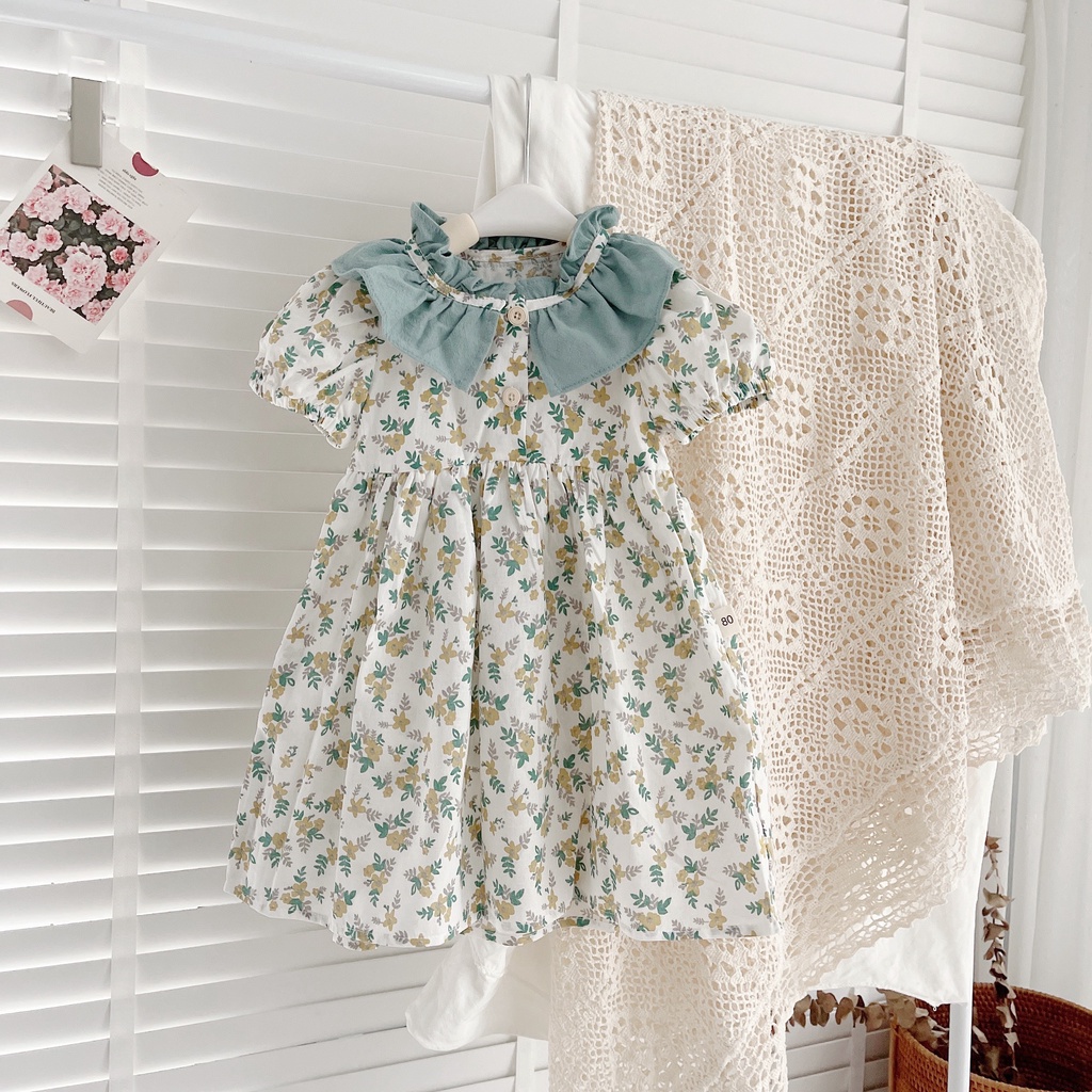 Váy hè cộc tay hoa nhí cổ bèo xanh 8-21kg (1-6 tuổi)