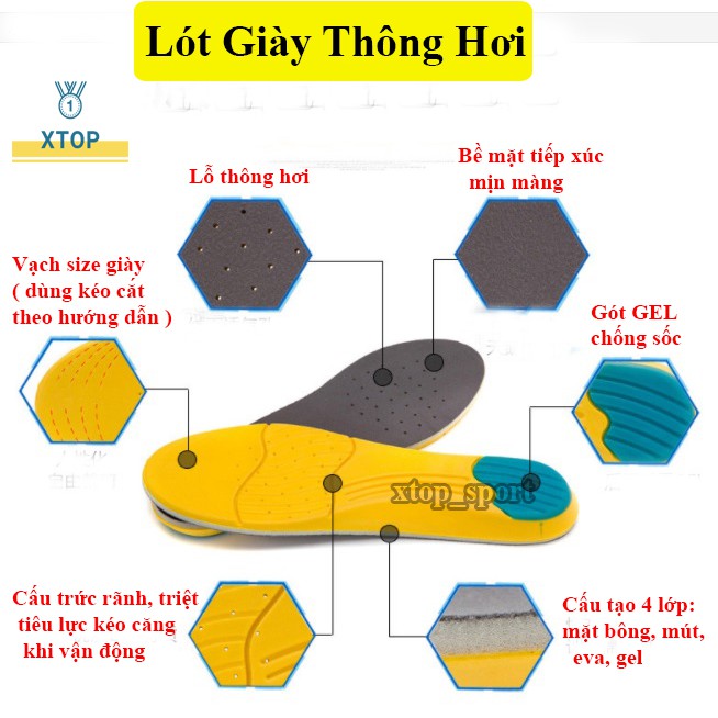 Lót giày thể thao EVA biết thở và có gel chống thốn gót, Lót giày thể thao siêu êm Xtop L659