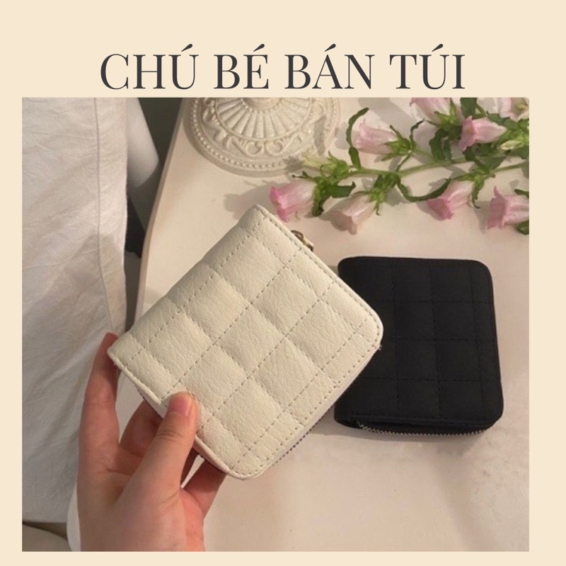 Ví Gập Nữ Kẻ Ô Vuông Nhiều Ngăn Đựng Thẻ Tiền Màu Đen Trắng Kem, Ví Ngắn Nữ Cầm Tay Bỏ Túi
