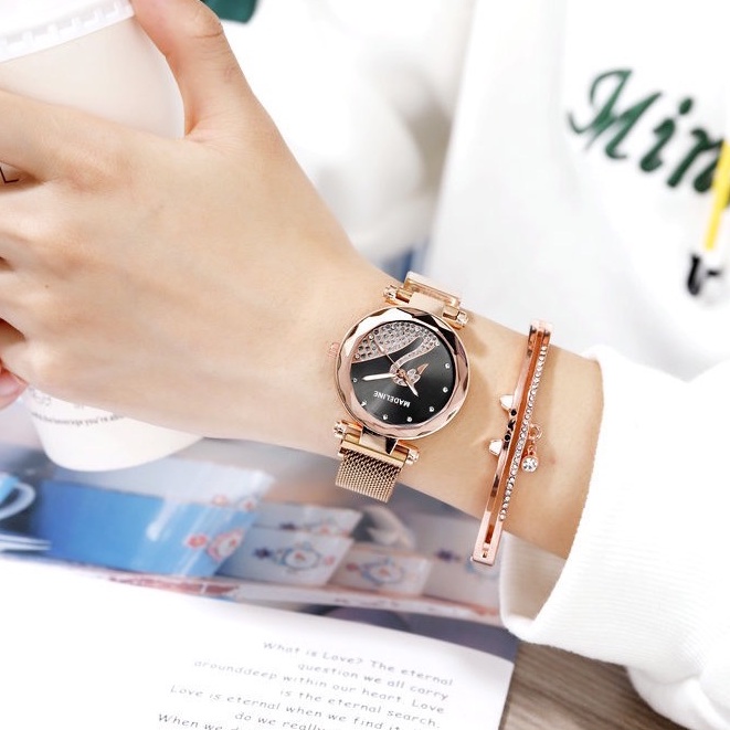 Đồng hồ nam châm nữ Madeline M105 họa tiết thiên nga tuyệt đẹp viền kim loại mặt kính cường lực chống trày xước tốt