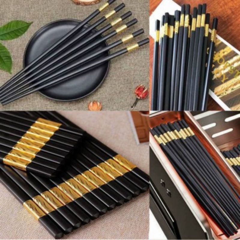 Bộ 10 đôi đũa mạ vàng, khảm vàng, chống khuẩn bảo vệ sức khoẻ