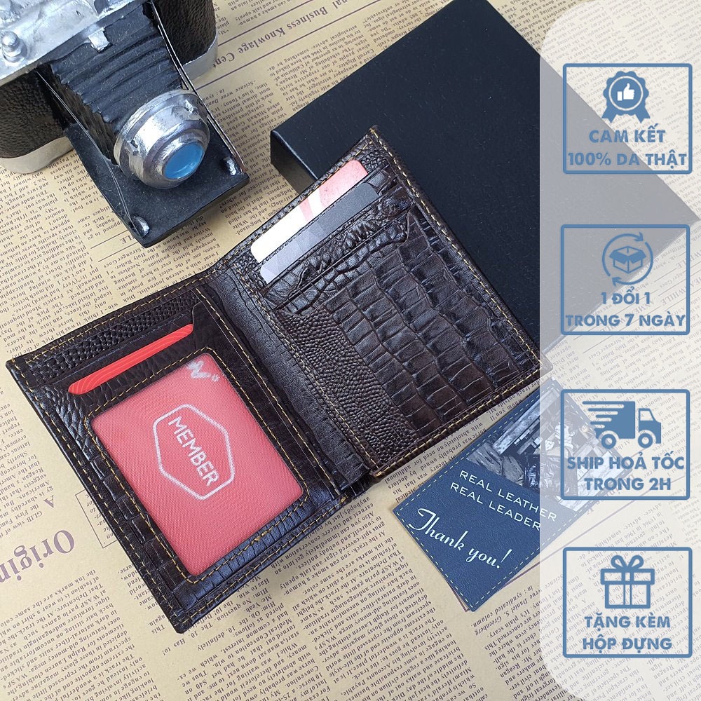 Ví đứng da bò thật 100% vân cá sấu MN123 – Nâu sẫm - BH 3 năm