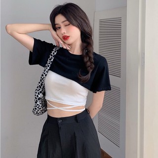 Áo cột eo phối croptop [bảng trắng phối đen và đen phối trắng]