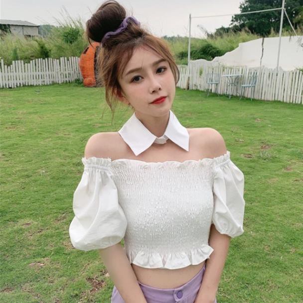 Áo Croptop Trễ Vai Tay Phồng Tặng Kèm Cổ Sơ Mi Hở Vai Ulzzang Trắng / Đen / Tím DRACR24