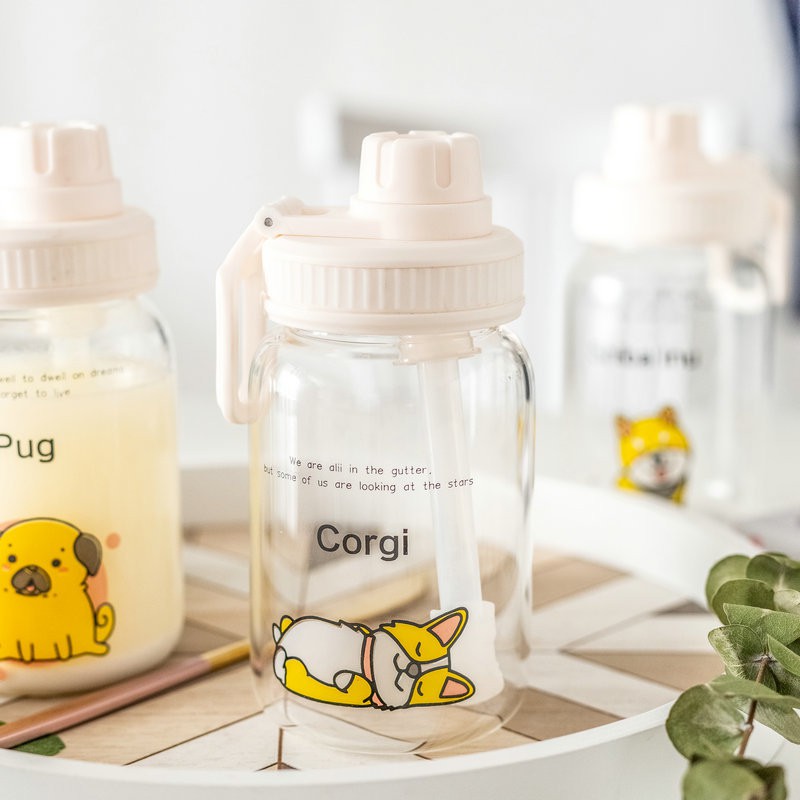 Bình thủy tinh in hình các chú chó cute HOT HIT có ống hút tiện dụng 450ml