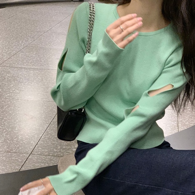 Áo dệt kim ZHELIHANGFEI tay dài khoét lỗ kiểu dáng quyến rũ cho nữ