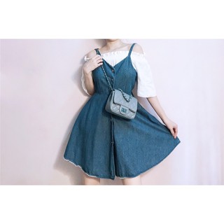 Đầm 2 dây denim xoè nút bóp