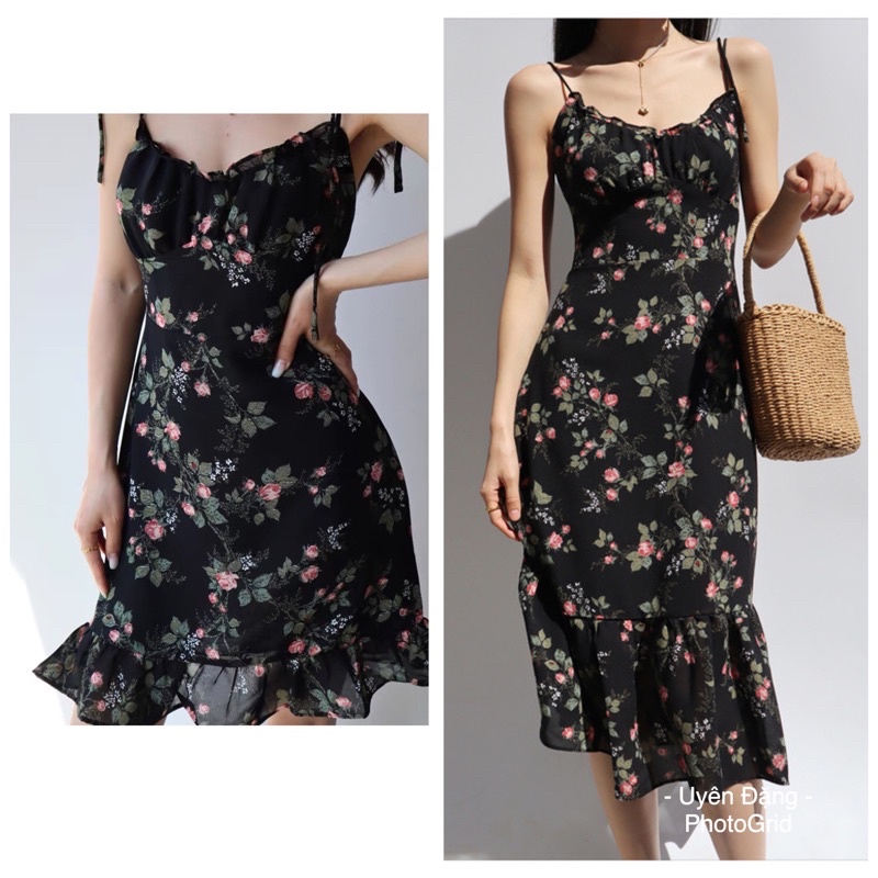 Váy hoa bi hồng hai dây - sẵn dài L