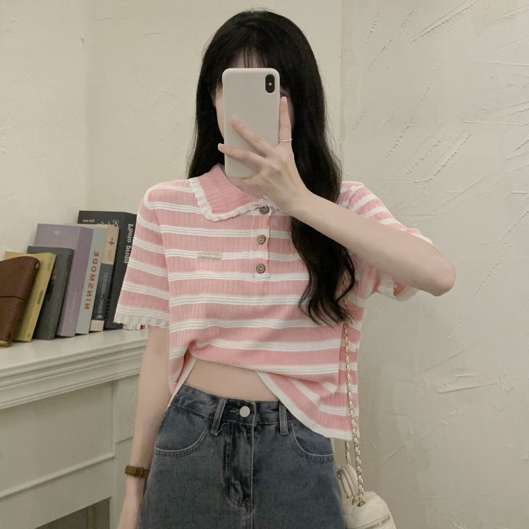 Áo polo Dệt Kim Tay Ngắn Họa Tiết Kẻ Sọc Màu Sắc Tương Phản Thời Trang Mùa Hè 2022 Cho Nữ