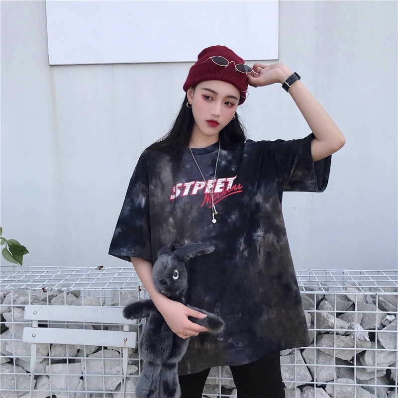 Áo Thun Ngắn Tay Nhuộm Màu In Chữ Phong Cách Harajuku Mùa Hè Mới Cho Nữ