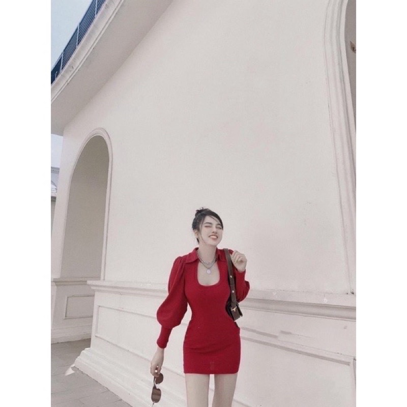 Váy body cổ u tay phồng