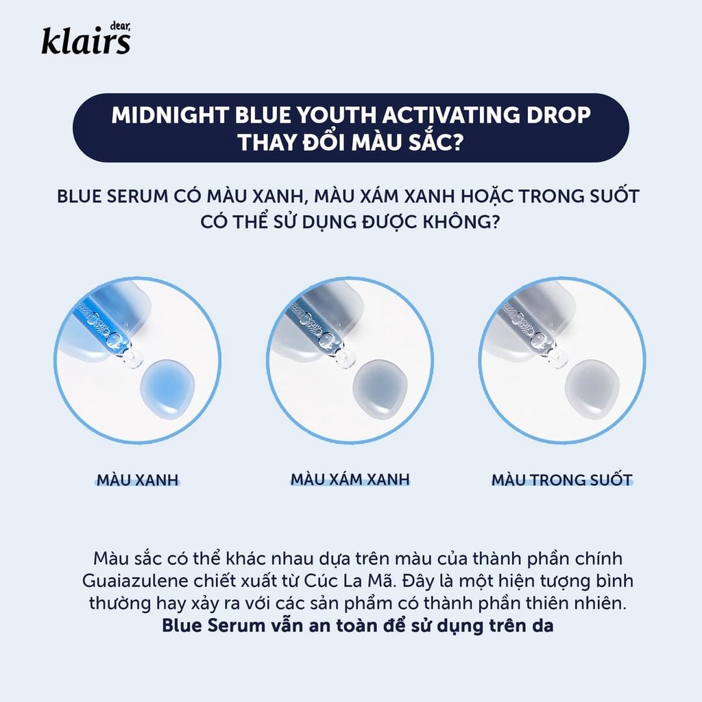 Combo Làm Dịu, Phục Hồi Da Klairs Nước Hoa Hồng Không Mùi + Serum + Kem Dưỡng Blue Midnight