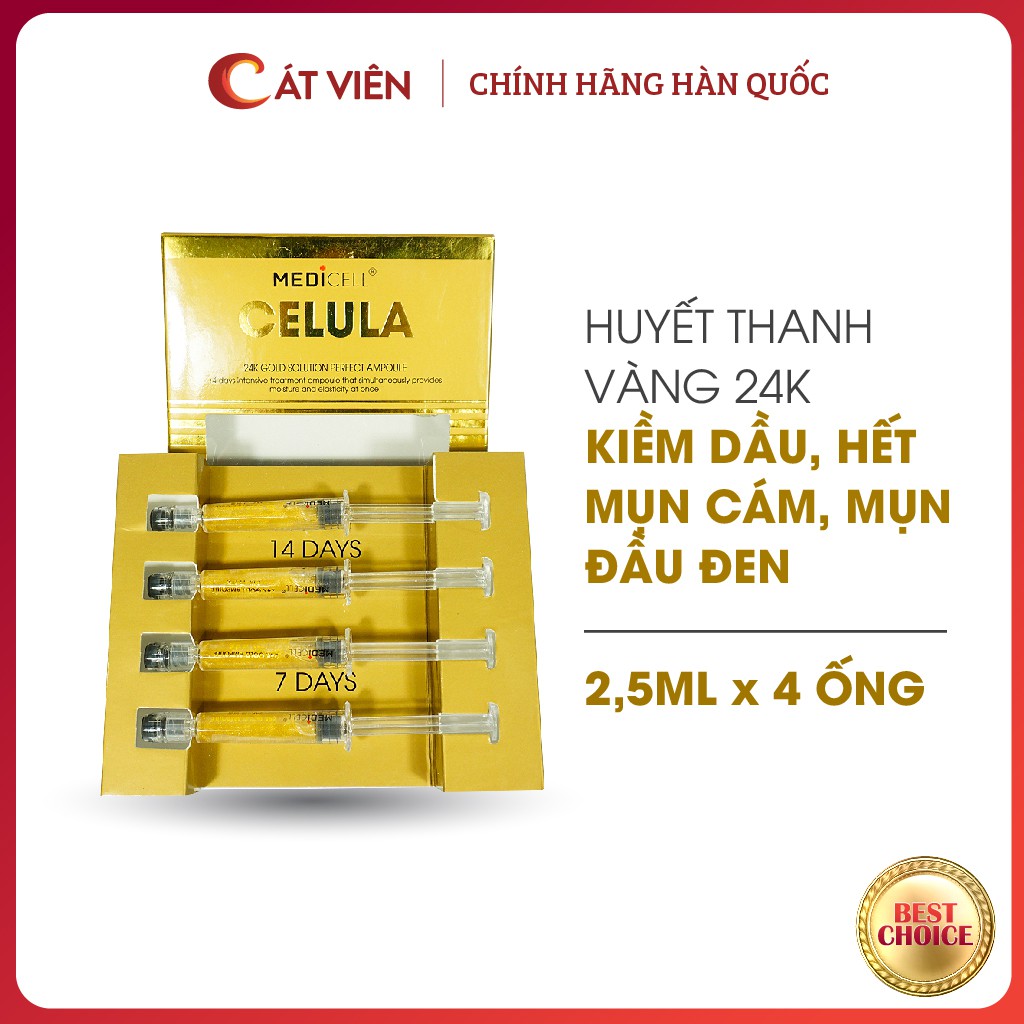 Tế bào gốc serum trẻ hóa Medicell, vàng 24k Celula 14 days, trắng da, se khít lỗ chân lông - hộp 4 ống 2,5ml