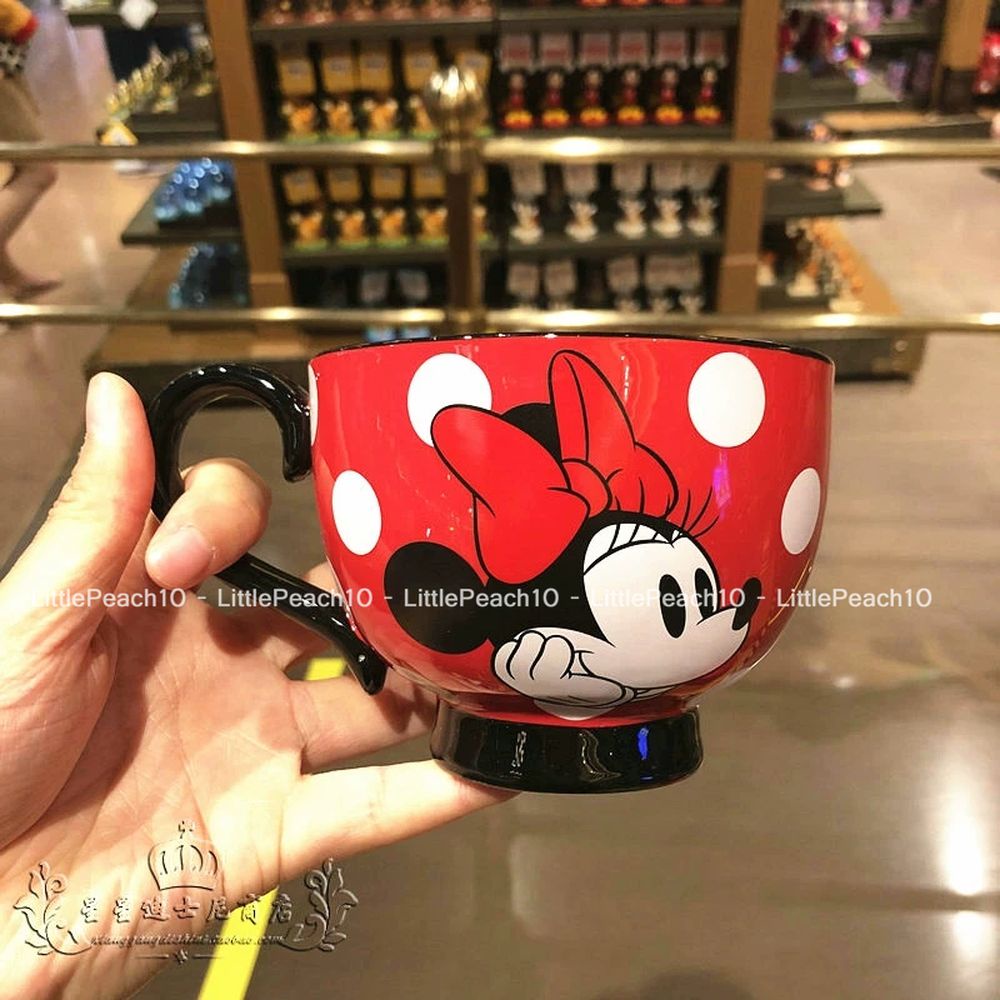 Ly sứ cốc sứ Disney cao cấp chính hãng có quai cầm tay hình Mickey Minnie chấm bi đỏ đen cho nam nữ