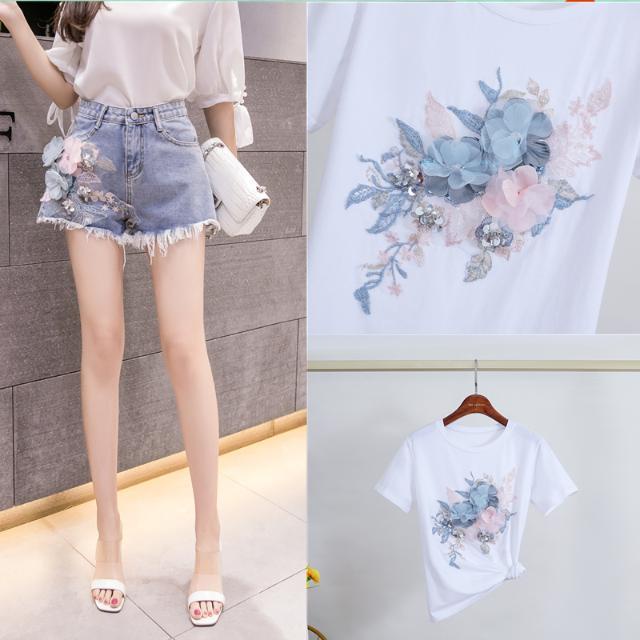 Set Áo Thun Ngắn Tay Thêu Hoa + Quần Short Denim Thời Trang Cho Bé Gái
