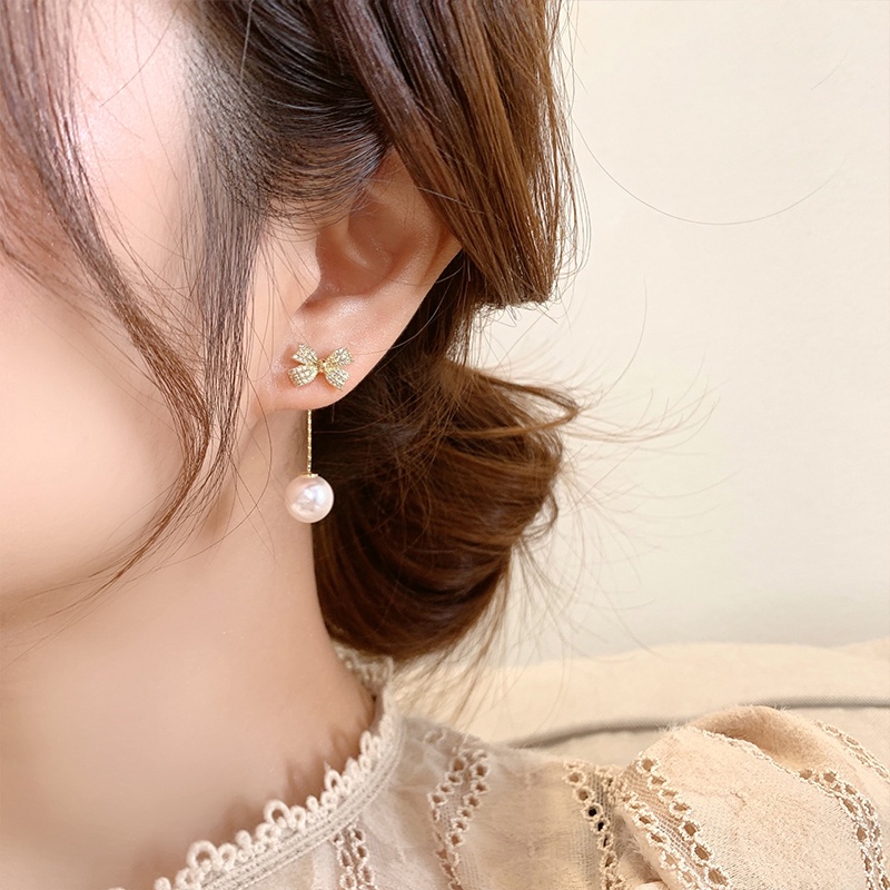 Bông Tai Hình Nơ Đính Ngọc Trai Lấp Lánh Thanh Lịch Cho Nữ