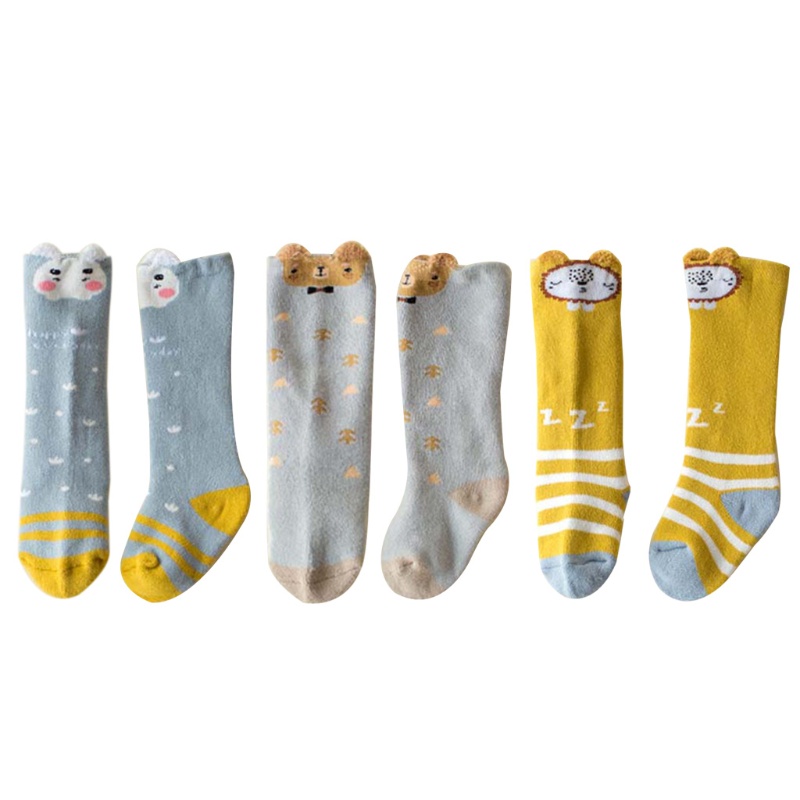 Set 3 Đôi Vớ Cotton Dày Cổ Cao Tới Gối In Hình Hoạt Hình 3d Cho Bé Sơ Sinh