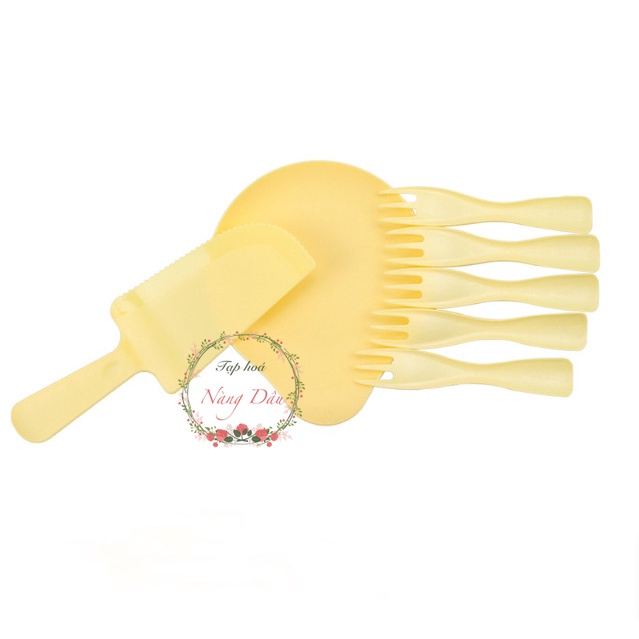 Bộ 5 nĩa 5 đĩa 1 dao để cắt bánh kem, bánh bông lan