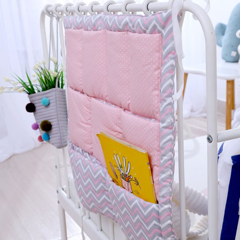 LIVI Bed Hanging Storage Bag Baby Cot Cotton Holder Organizer 50x50cm Diaper Pocket for Crib Bedding