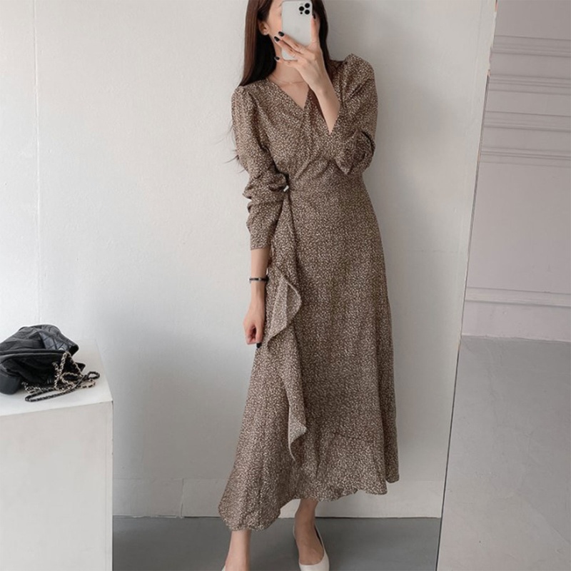 Đầm Maxi Chiffon Cổ V Tay Dài In Họa Tiết Hoa Thời Trang Mùa Hè Xinh Xắn Cho Nữ