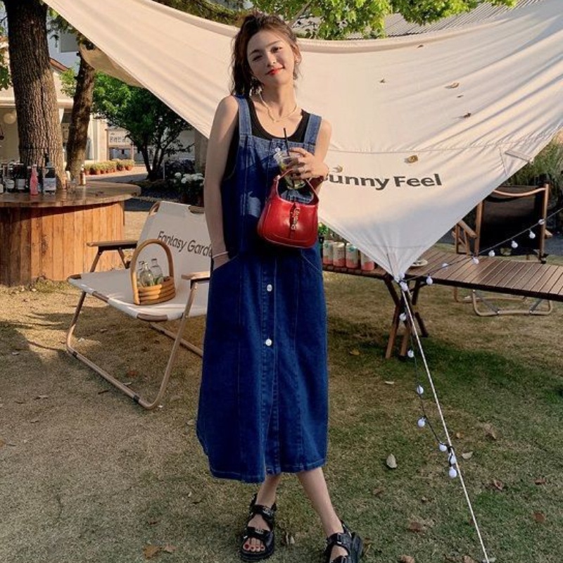 IELGY Đầm Yếm denim Xanh Dương Dáng Rộng Phong Cách Hàn Quốc Thời Trang Mùa Hè Mới Cho Nữ