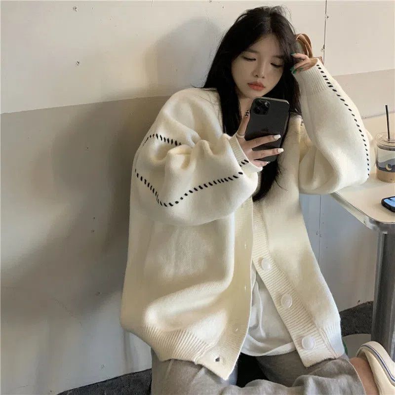 Áo Khoác Cardigan Dệt Kim Dáng Rộng Phong Cách Preppy Thời Trang Cho Nữ