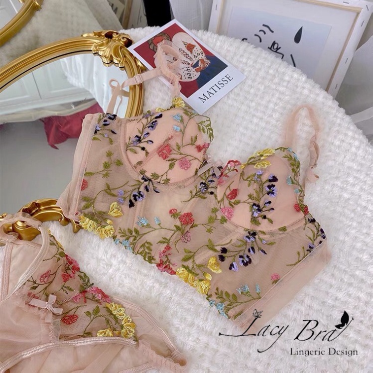 Áo Corset voan hoa văn bông hoa dáng lửng có gọng đệm nâng ngực Lylylorem CR003