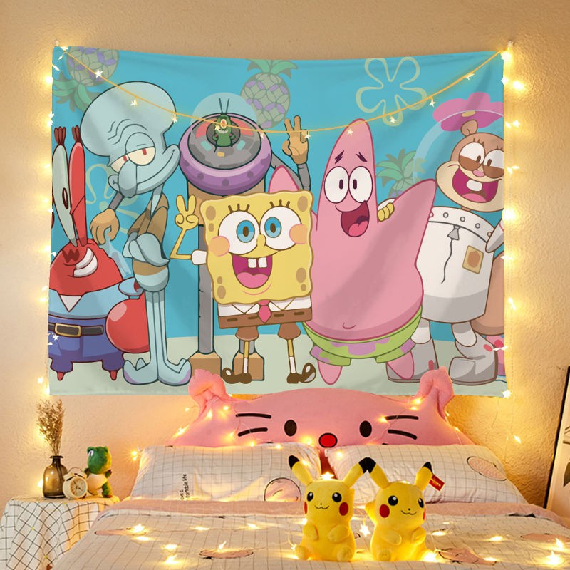 Lưới màu đỏ đầu giường Treo vải SpongeBob SquarePants Trang trí phòng Thảm ngủ Tập thể Cải tạo Nền Tranh dán tường